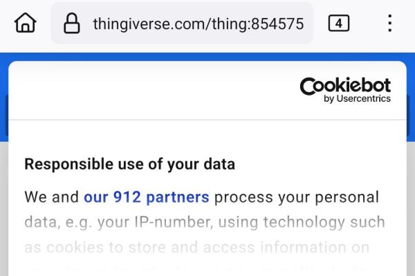 A screenshot of Thingiverse disclosing their 912 data sharing partners.