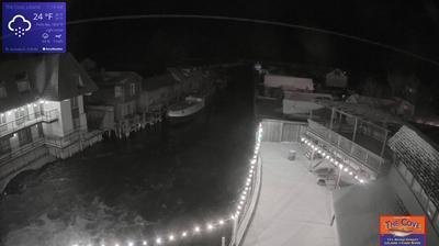 View of the outdoor dining area for The Cove Restaurant and the larger Fishtown complex overlooking a channel leading to Lake Michigan. // Image captured at: 2024-12-21 06:25:59 UTC (about 7 min. prior to this post) // Current Temp in Leland: 21.02 F | -6.10 C // Precip: overcast clouds // Wind: NNW at 19.663 mph | 31.64 kph // Humidity: 94%