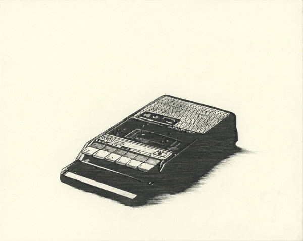 Black ink drawing of a portable tape recorder, the big flat kind with a handle in front