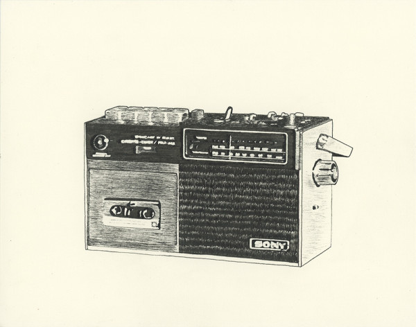 Black ink drawing of a tape player & radio with an analogue radio dial