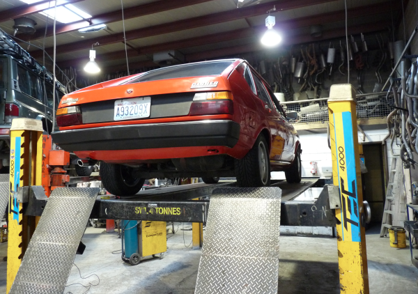 Passat up on a hoist at the exhaust shop