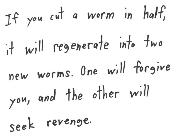 If you cut a worm in half, it will regenerate into two new worms. One will forgive you, and the other will seek revenge.