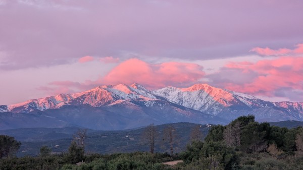 Snow capped Pyrenees Mountains with the pink/orange light from the sunrise, cloud above and behind also got the morning golden hour light. I the foreground you can see the green shrubbery that I'll soon will be running through 