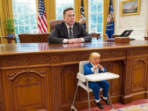 Elon Musk in the president's chair, while Trump is sitting in a children's chair.