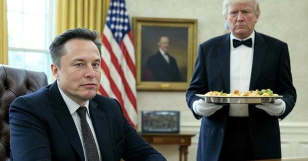 Elon sitting in the president's chair with butler Trump serving lunch.