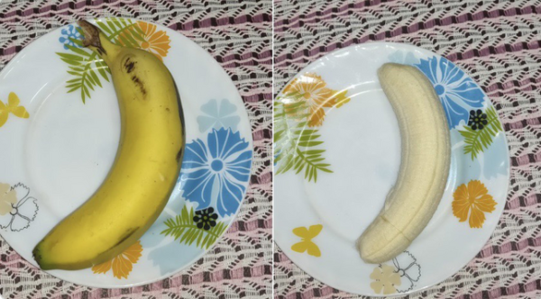 Left: A banana on a plate.
Right: A peeled banana on a plate.