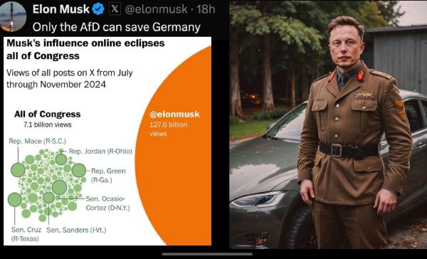 Dieses Bild kombiniert zwei Elemente:

Links - Ein Screenshot eines Tweets von Elon Musk, in dem er behauptet, nur die AfD könne Deutschland retten. Darunter wird eine Grafik präsentiert, die Musks Einfluss in den sozialen Medien im Vergleich zum gesamten US-Kongress zeigt. Laut der Grafik hatte Musk 127,6 Milliarden Ansichten auf X (vormals Twitter) zwischen Juli und November 2024, während der gesamte US-Kongress nur 7,1 Milliarden erreichte.

Rechts - Ein Bild von Elon Musk, in dem er in einer militärischen Uniform posiert. Die Uniform erinnert an totalitäre oder autoritäre Regime und könnte bewusst provokativ gestaltet sein, um auf die Kontroversen um Musk und seine politischen Äußerungen anzuspielen.

Die Zusammenstellung dieser Bilder und Aussagen deutet auf eine kritische Auseinandersetzung mit Musks politischer Einflussnahme und den möglichen Auswirkungen auf gesellschaftliche und politische Dynamiken hin.

