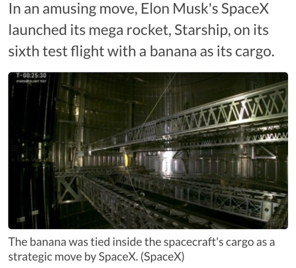 News article about SpaceX's flight six, including a photo of the payload banana which was suspended in the cargo bay by a web of wires.