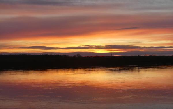 Vor Sonnenaufgang über der Elbe, lila, orange, gold gestreift unhd gespiegelt.