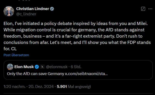 druko von Christian Lindner über dem tweet von elom Musk in dem der die AfD unterstützt