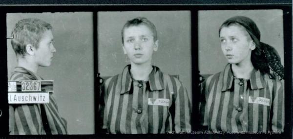 A mugshot registration photograph from Auschwitz. A woman wearing a striped uniform photographed in three positions (profile and front with a bare head and a photo with a slightly turned head with a headscarf on). The prisoner number is visible on a marking board on the left.