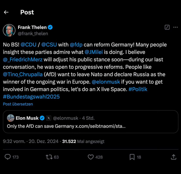 drüko von Frank Thelen über Elons AfD-Tweet in dem er versucht Elon zu überzeugen dass CDU und FDP genauso scheiß Politik machen können wie die AfD