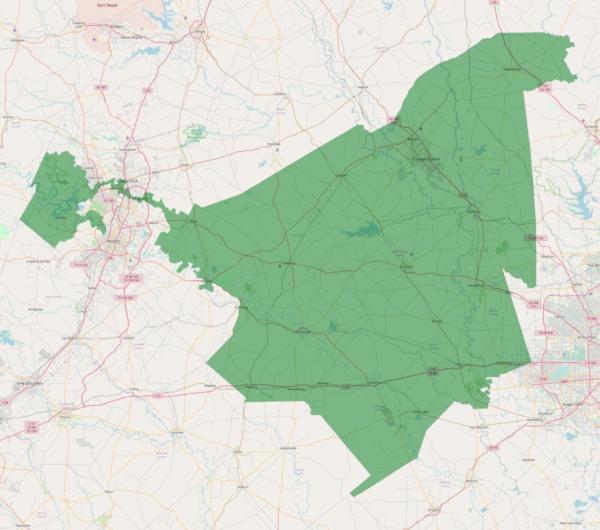 Map showing Texas 10 US Congress district. A chunk of land connected to an even bigger chunk of land by a really narrow corridor.