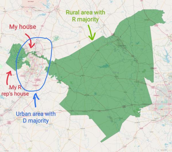 Commented map showing Texas 10 US Congress district. A chunk of land (tagged "My R rep's house") connected to an even bigger chunk of land (tagged "Rural area with R majority) by a really narrow corridor (tagged "My house" and surrounded by a hand drawn ellipse tagged "Urban area with D majority").