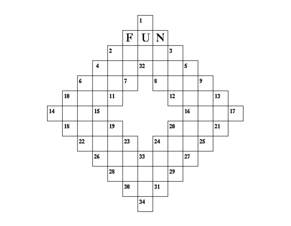 A crossword puzzle made up of empty squares aligned into a symmetrical diamond shape with a hollow center. The inner and outer squares have numbers in the corner.

Letters F U N are written in the three squares at the top of the puzzle.