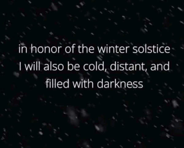 "in honor of the winter solstice i will also be cold, distant, and full of darkness"

White text on a dark background that looks like snow or sleet 