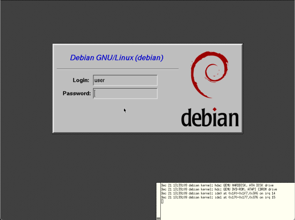 A screenshot of an xdm tool: it shows "login/password" field and Debian "red curls" logo