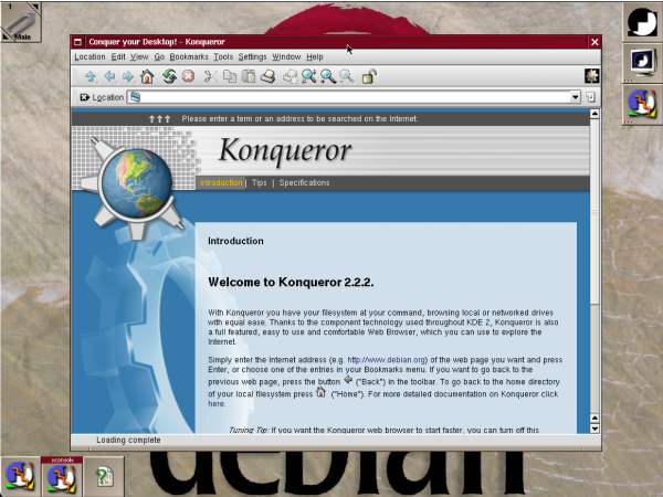 A screenshot of an old Linux desktop - colourful 1024x768 image with a huge debian logo. There are square icons all around the desktop (from a program called WindowMaker). The centre of the screen has a web browser Konqueror open, showing a welcome page with 3D effects and gradients