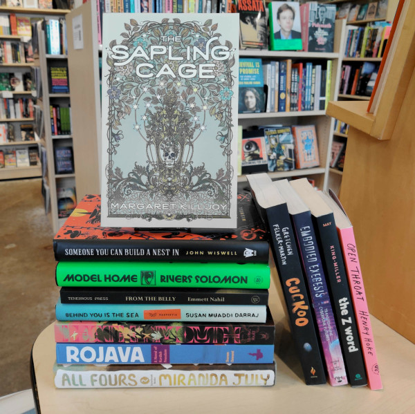 A photo of fiction titles from Firestorm's 2024 Bestsellers & Collective Picks list. The books are stacked on the edge of a table and bookshelves are visible in the background. At the top of the stack is a faced copy of "The Sapling Cage."