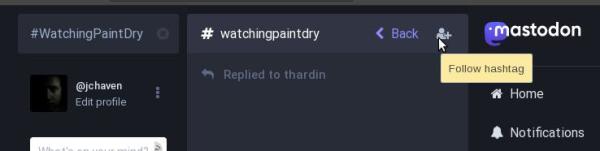 Screenshot of Mastodon's web interface showing how to follow a hashtag.