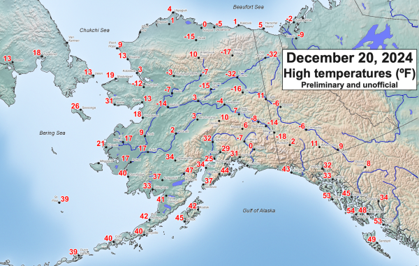 Map centered on Alaska showing site-specific high temperatures (ºF) on Friday, December 20, 2024. Plotted temperatures range from -32F at Fort Yukon, AK and Old Crow, YT to 54F at Klawock, AK.