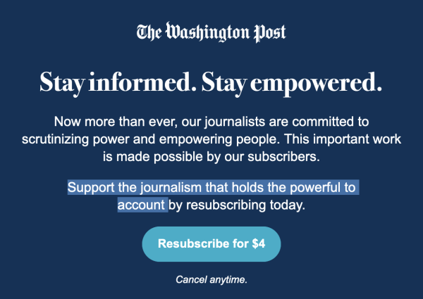 The Washington post
Stay informed. Stay empowered.
Now more than ever, our journalists are committed to scrutinizing power and empowering people. This important work is made possible by our subscribers.
Support the journalism that holds the powerful to account by resubscribing today.
Resubscribe for $4
Cancel anytime.