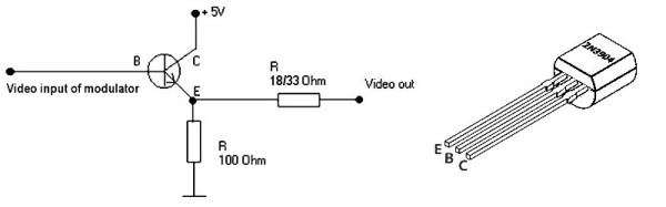 Schematic diagram illustrating a transistor circuit with labeled connections for video input and output, along with resistor values. On the right, there is a graphic of a transistor package indicating the emitter, base, and collector pins.