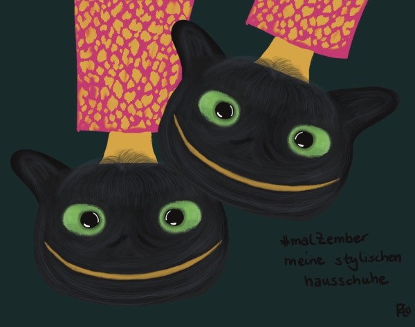 An illustration depicting two cartoonish black slippers with green eyes and cheerful expressions. They are paired with colorful patterned pants, set against a dark background.
Eine Illustration, die zwei cartoonhafte schwarze Pantoffeln mit grünen Augen und fröhlichen Gesichtsausdrücken darstellt. Sie werden mit bunten gemusterten Hosen vor einem dunklen Hintergrund kombiniert.