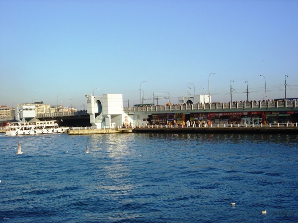 A waterfront scene featuring a white boat near a pier, with a modern architectural structure and shops along a bridge. Seagulls can be seen in the water, with a clear blue sky in the background.