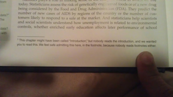 Image showing the bottom of a page in a book about something, showing a footnote, the text of which reads:
“This chapter might have been called ‘Introduction,’ but nobody reads the introduction, and we wanted you to read this. We feel safe admitting this here, in the footnote, because nobody reads footnotes either.” 