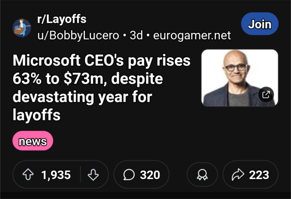 A link posted to r/Layoffs with the headline "Microsoft CEO's pay rises 63% to $73m, despite devastating year for layoffs.