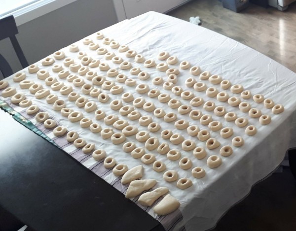 Dining table with sheet covered with about a gross of risen doughnuts ready to be deep fried.