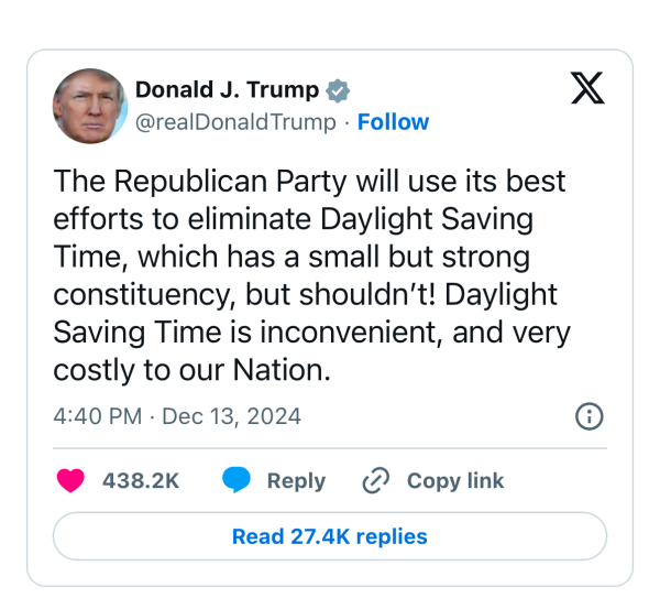 Quote from DJT suggesting that changing clocks is not in our best interests. 