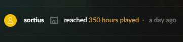 A screenshot from GoG showing "sortius reached 350 hours played a day ago" for Cyberpunk 2077