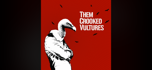 Album cover from the band “them crooked vultures“. There’s a red background with white font. A black-and-white illustration of a person crossing their arms, but they have a big vulture head instead of a regular head. Black Silhouettes of vultures fly in the background.