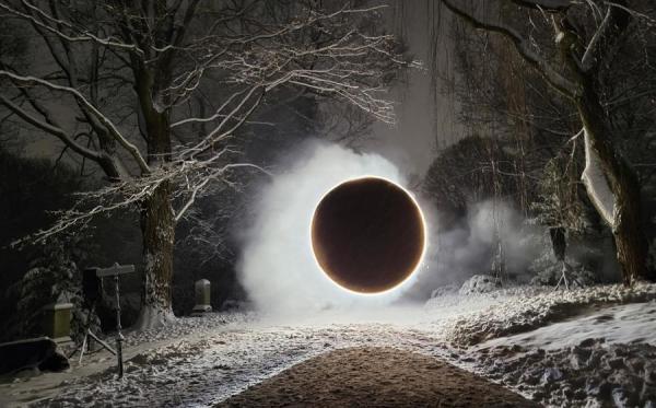 Black orb, part of Solstice illumination event at Mount Auburn Cemetery