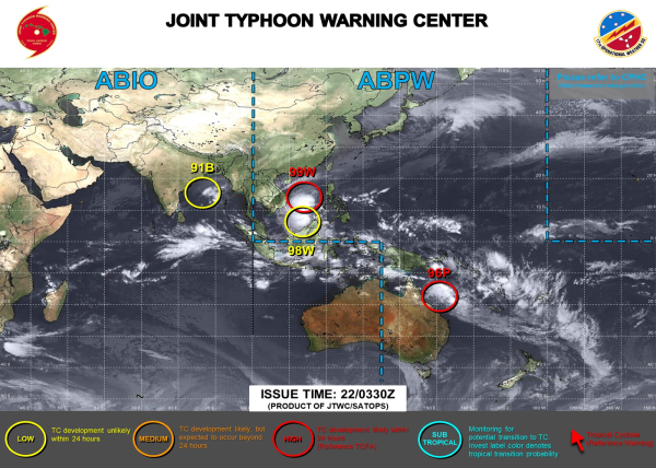 ABPW10 PGTW 220330
MSGID/GENADMIN/JOINT TYPHOON WRNCEN PEARL HARBOR HI//
SUBJ/SIGNIFICANT TROPICAL WEATHER ADVISORY FOR THE WESTERN AND SOUTH 
PACIFIC OCEANS REISSUED/220330Z-220600ZDEC2024//
REF/A/MSG/JOINT TYPHOON WRNCEN PEARL HARBOR HI/220221ZDEC2024//
REF/B/MSG/JOINT TYPHOON WRNCEN PEARL HARBOR HI/220321ZDEC2024//
NARR/REF A IS A TROPICAL CYCLONE FORMATION ALERT CANCELLATION. REF B 
IS A TROPICAL CYCLONE FORMATION ALERT.//
RMKS/
1. WESTERN NORTH PACIFIC AREA (180 TO MALAY PENINSULA):
   A. TROPICAL CYCLONE SUMMARY: NONE.
   B. TROPICAL DISTURBANCE SUMMARY:
      (1) THE AREA OF CONVECTION (INVEST 98W) PREVIOUSLY LOCATED NEAR 
5.6N 114.7E IS NOW LOCATED NEAR 6.8N 115.5E, APPROXIMATELY 120 NM 
NORTH-NORTHEAST OF BRUNEI. ANIMATED MULTISPECTRAL SATELLITE IMAGERY 
DEPICTS WARMING CLOUD TOPS AND DECAYING CONVECTION DISPLACED WEST OF 
THE LOW LEVEL CIRCULATION. UPPER LEVEL ANALYSIS REVEALS MODERATE TO 
HIGH VERTICAL WIND SHEAR (20-30 KNOTS). ADDITIONALLY, THE PROXIMITY TO 
LAND IS INHIBITING FURTHER DEVELOPMENT OF 98W. GLOBAL MODELS ARE 
COMING INTO GOOD AGREEMENT THAT 98W IS EXPECTED TO FILL INTO A TROUGH, 
WHILE A NEWER AREA OF LOW PRESSURE CENTER ASSOCIATED WITH 99W BECOMES 
THE DOMINANT SYSTEM ANTICIPATED TO DEVELOP. MAXIMUM SUSTAINED SURFACE 
WINDS ARE ESTIMATED AT 18 TO 23 KNOTS. MINIMUM SEA LEVEL PRESSURE IS 
ESTIMATED TO BE NEAR 1004 MB. THE POTENTIA