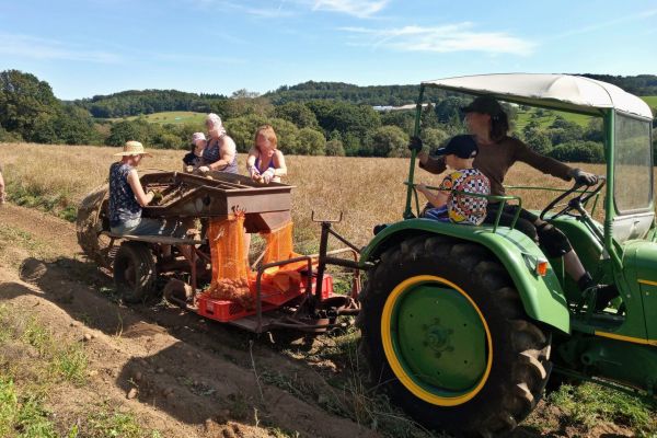 To the right an old tractor with a woman and child sitting inside. To the left, connected to the tractor is a retro potato harvesting machine trailer with some people sitting on it. The tractor stands on a brownish field. In the distance a meadow and a hill covered by a forest.