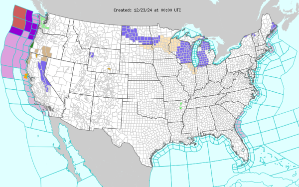 Short Range Forecast Discussion
NWS Weather Prediction Center College Park MD
235 PM EST Sun Dec 22 2024

Valid 00Z Mon Dec 23 2024 - 00Z Wed Dec 25 2024

...Light to moderate snow over parts of the Lower Peninsula of Michigan
Sunday night into Monday; Light to moderate snow over the Northeast Monday
night into Tuesday...

...Light rain/freezing rain over parts of the Northern Plain, Upper
Mississippi Valley, Great Lakes, and Ohio Valley on Sunday evening into
Monday; Light patchy rain/freezing rain over parts of Pennsylvania and
North Carolina on Monday evening into Tuesday...

...Temperatures will be 10 to 20 degrees below average over the Northeast
and Mid-Atlantic...

High pressure over upstate New York on Sunday will move eastward to off
the New England Coast by Tuesday. The high pressure will bring
temperatures 10 to 20 degrees below average over the Northeast and
Mid-Atlantic.

Moreover, a wave of low pressure over the Upper Midwest on Sunday will
move eastward off the Northeast Coast by Tuesday evening. The system will
produce light snow over parts of the Northern Plains on Sunday evening.
Along the rain/snow line, areas of light rain/freezing rain will develop
over parts of the region through Monday night. On Sunday evening into
Monday, the storm will create light to moderate snow over parts of the
northern portion of the Lower Peninsula of Michigan. The snow will wind
down over Michigan on Monday evening into Tuesday. Early on Monday
morning, rain will develop over