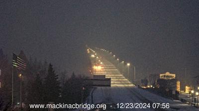 Northeastern view of the Mackinac Bridge traversing the Straits of Mackinac. // Image captured at: 2024-12-23 12:57:24 UTC (about 6 min. prior to this post) // Current Temp in Mackinaw City: 27.27 F | -2.63 C // Precip: snow // Wind: S at 13.511 mph | 21.74 kph // Humidity: 99%