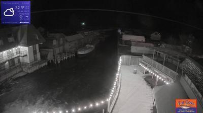 View of the outdoor dining area for The Cove Restaurant and the larger Fishtown complex overlooking a channel leading to Lake Michigan. // Image captured at: 2024-12-24 09:30:05 UTC (about 2 min. prior to this post) // Current Temp in Leland: 31.01 F | -.55 C // Precip: overcast clouds // Wind: N at 14.070 mph | 22.64 kph // Humidity: 94%