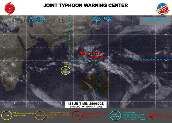 ABPW10 PGTW 250600
MSGID/GENADMIN/JOINT TYPHOON WRNCEN PEARL HARBOR HI//
SUBJ/SIGNIFICANT TROPICAL WEATHER ADVISORY FOR THE WESTERN AND SOUTH 
PACIFIC OCEANS/250600Z-260600ZDEC2024//
REF/A/MSG/JOINT TYPHOON WRNCEN PEARL HARBOR HI/250151ZDEC2024//
AMPN/REF A IS A TROPICAL CYCLONE WARNING.//
RMKS/
1. WESTERN NORTH PACIFIC AREA (180 TO MALAY PENINSULA):
   A. TROPICAL CYCLONE SUMMARY:
      (1) AT 25DEC24 0000Z, TROPICAL DEPRESSION 28W (PABUK) WAS LOCATED 
NEAR 10.5N 110.8E, APPROXIMATELY 242 NM EAST OF HO CHI MINH CITY, VIETNAM, 
AND HAD TRACKED SOUTHWESTWARD AT 08 KNOTS OVER THE PAST SIX HOURS. MAXIMUM 
SUSTAINED SURFACE WINDS WERE ESTIMATED AT 30 KNOTS GUSTING TO 40 KNOTS. 
SEE REF A (WTPN31 PGTW 250300) FOR FURTHER DETAILS.
      (2) NO OTHER TROPICAL CYCLONES.
   B. TROPICAL DISTURBANCE SUMMARY: NONE.
   C. SUBTROPICAL SYSTEM SUMMARY: NONE.
2. SOUTH PACIFIC AREA (WEST COAST OF SOUTH AMERICA TO 135 EAST):
   A. TROPICAL CYCLONE SUMMARY: NONE.
   B. TROPICAL DISTURBANCE SUMMARY: NONE.
   C. SUBTROPICAL SYSTEM SUMMARY: NONE.//
NNNN
