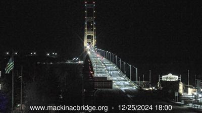 Northeastern view of the Mackinac Bridge traversing the Straits of Mackinac. // Image captured at: 2024-12-25 23:01:15 UTC (about 2 min. prior to this post) // Current Temp in Mackinaw City: 32.27 F | .15 C // Precip: scattered clouds // Wind: S at 5.860 mph | 9.43 kph // Humidity: 87%