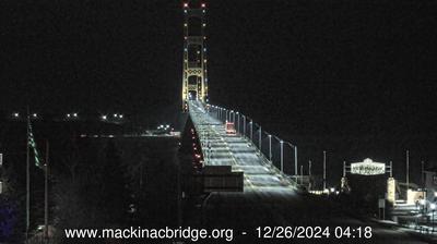 Northeastern view of the Mackinac Bridge traversing the Straits of Mackinac. // Image captured at: 2024-12-26 09:19:21 UTC (about 14 min. prior to this post) // Current Temp in Mackinaw City: 29.21 F | -1.55 C // Precip: few clouds // Wind: S at 6.308 mph | 10.15 kph // Humidity: 86%