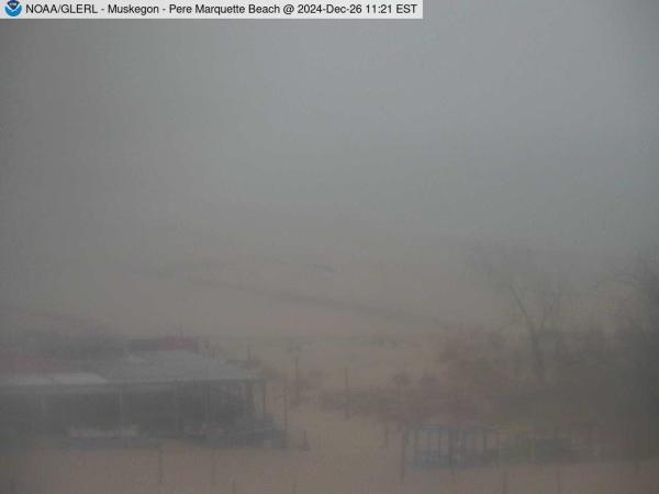 Wide view of Pere Marquette Beach in Muskegon with a beach house in the foreground. // Image captured at: 2024-12-26 16:21:01 UTC (about 12 min. prior to this post) // Current Temp in Muskegon: 39.34 F | 4.08 C // Precip: mist // Wind: SE at 9.216 mph | 14.83 kph // Humidity: 96%