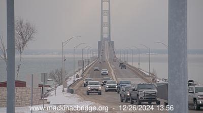 Southwestern view of the Mackinac Bridge traversing the Straits of Mackinac. // Image captured at: 2024-12-26 18:56:55 UTC (about 6 min. prior to this post) // Current Temp in St. Ignace: 34.50 F | 1.39 C // Precip: overcast clouds // Wind: E at 8.053 mph | 12.9 kph // Humidity: 89%