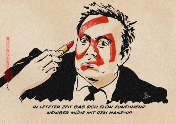 Illustration eines Elon Musk, der sich mit dem Lippenstift ein Hakenkreuz ins Gesicht malt. Textzeile: In letzter Zeit gab sich Elon Musk zunehmend weniger Mühe mit dem Make-Up.