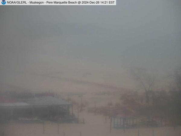 Wide view of Pere Marquette Beach in Muskegon with a beach house in the foreground. // Image captured at: 2024-12-26 19:21:01 UTC (about 12 min. prior to this post) // Current Temp in Muskegon: 44.24 F | 6.80 C // Precip: haze // Wind: ESE at 10.357 mph | 16.66 kph // Humidity: 89%