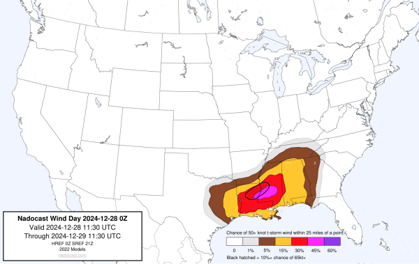 0z Day #Wind Forecast - map of the United States depicting areas of wind risk using various colors