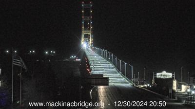 Northeastern view of the Mackinac Bridge traversing the Straits of Mackinac. // Image captured at: 2024-12-31 01:51:26 UTC (about 11 min. prior to this post) // Current Temp in Mackinaw City: 32.93 F | .52 C // Precip: broken clouds // Wind: W at 13.802 mph | 22.21 kph // Humidity: 90%